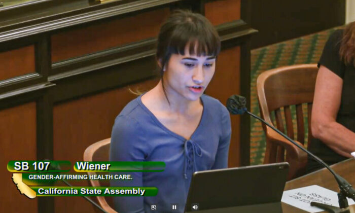 Chloe Cole speaks at a California Assembly committee hearing for Senate Bill 107 in Sacramento, Calif., on June 28, 2022. (Screenshot)