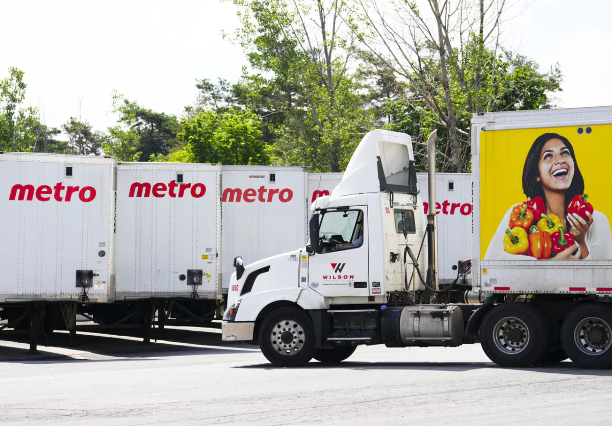 A Metro truck pulls out of the food distribution centre in Ottawa on June 24, 2022. (Sean Kilpatrick/The Canadian Press)