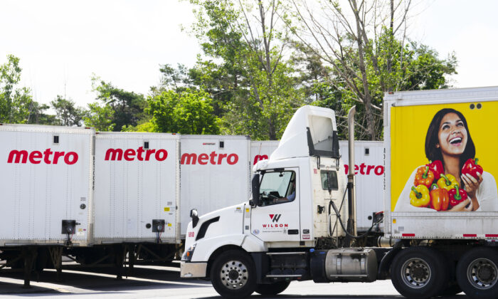 A Metro truck pulls out of the food distribution centre in Ottawa on June 24, 2022. (Sean Kilpatrick/The Canadian Press)