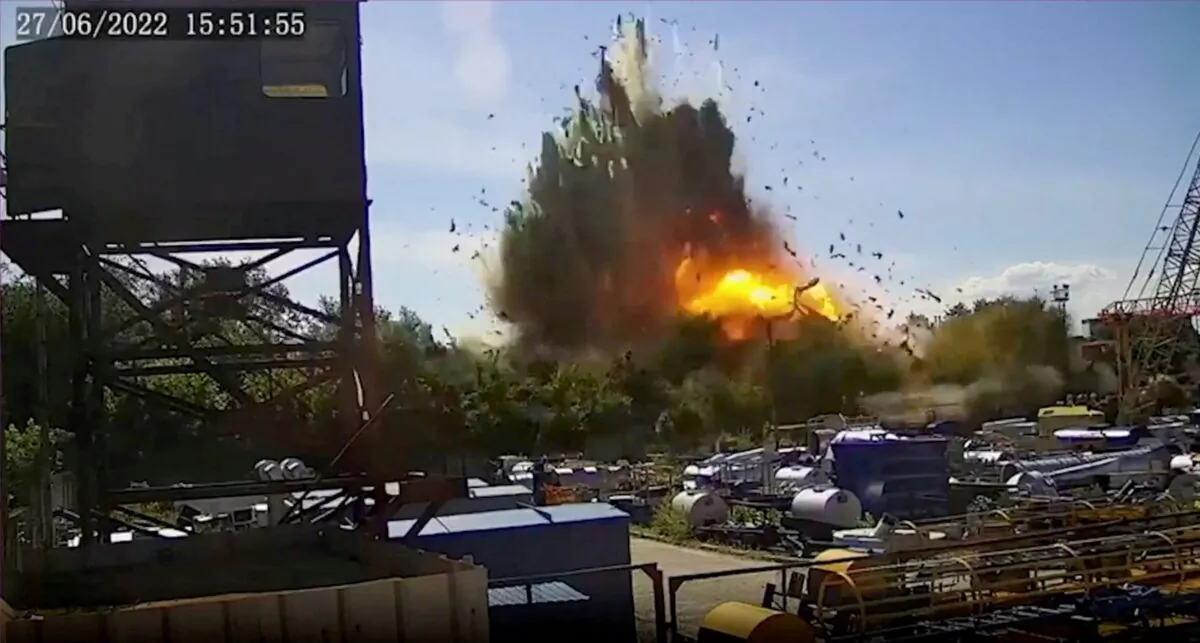 This still image from CCTV footage shows the explosion as a Russian missile strike hits a mall at a location given as Kremenchuk in the Poltava region of Ukraine, as released on June 28, 2022. (CCTV via Instagram @zelenskiy_official/Handout via Reuters)