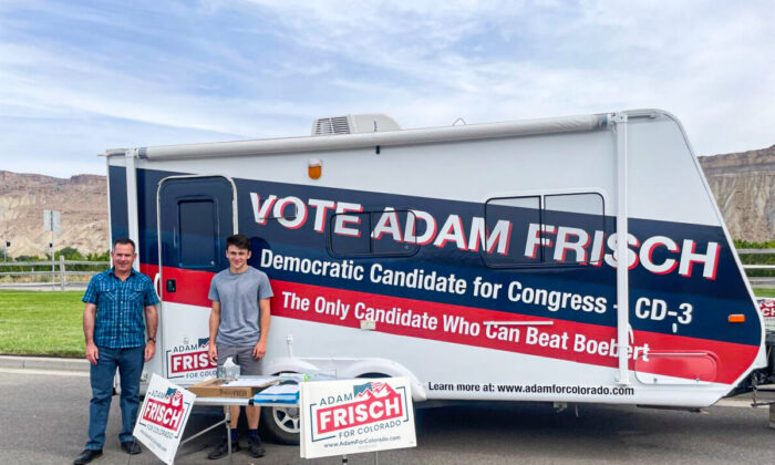 Adam Frisch (L), a Democratic candidate for Congress, and his 16-year-old son, Felix, make a stop on an 1,800-mile trek to visit 56 communities across Colorado in the last week before the June 28, 2022 primary. (Courtesy of Adam Frisch)