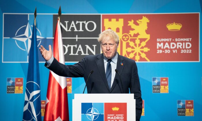Prime Minister Boris Johnson holds a news conference at the end of the NATO summit in Madrid, Spain, on June 30, 2022. (Stefan Rousseau /PA Media)