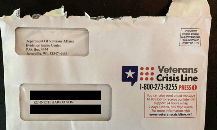 The envelope  containing the unsigned letter received by Angel and Kenneth Harrelson from the "Director Regional Office" "informing them that their Veterans Benefits are being suspended due to 38 U.S. Code § 6105 - Forfeiture for subversive activities, which requires that an individual be "convicted" of a listed crime, not "indicted."  (Courtesy of Angel Harrelson)