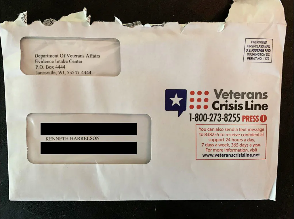 The envelope  containing the unsigned letter received by Angel and Kenneth Harrelson from the "Director Regional Office" "informing them that their Veterans Benefits are being suspended due to 38 U.S. Code § 6105 - Forfeiture for subversive activities, which requires that an individual be "convicted" of a listed crime, not "indicted."  (Courtesy of Angel Harrelson)