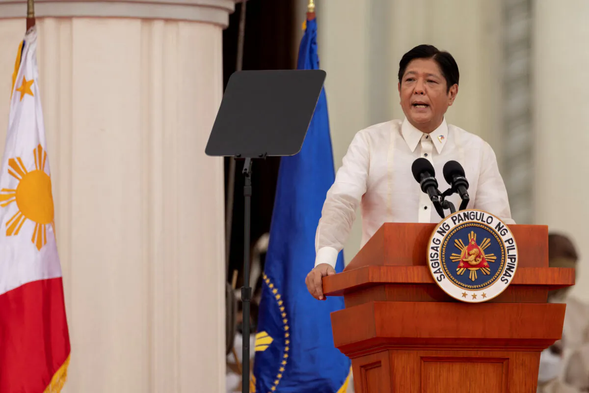 Newly-elected Philippines President Ferdinand "Bongbong" Marcos Jr., the son and namesake of the late dictator Ferdinand Marcos, delivers a speech during the inauguration ceremony at the National Museum in Manila, Philippines, on June 30, 2022. (Eloisa Lopez/Reuters)