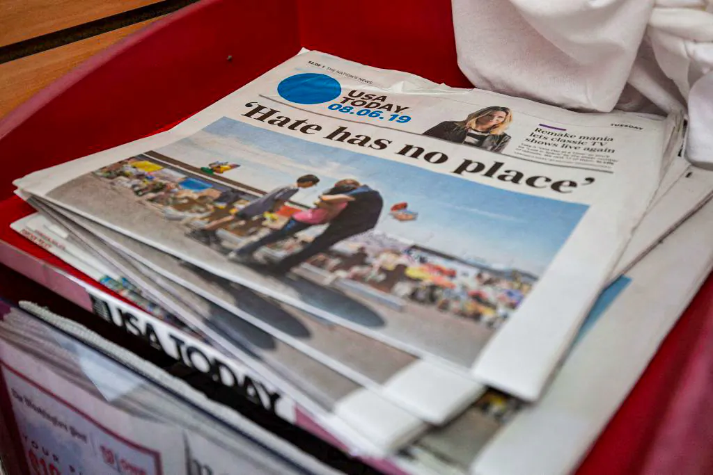 The front page of a USA Today newspaper is seen at a convenience store in Washington on Aug. 6, 2019. (Alastair Pike/AFP via Getty Images)