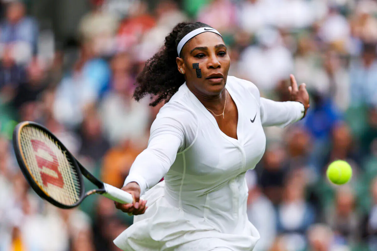 Serena Williams of United States plays a forehand against Harmony Tan of France during their Women's Singles First Round Match on day two of The Championships Wimbledon 2022 in London, England on June 28, 2022. (Clive Brunskill/Getty Images)