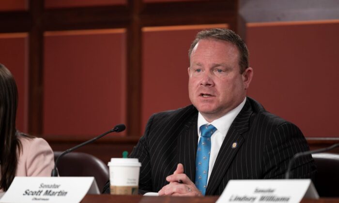Pennsylvania state Sen. Scott Martin, a Republican, discussed a measure to limit exposure of sexually explicit content in Pennsylvania schools during a meeting of the Senate Education Committee at the state capital in Harrisburg, Pennsylvania, in June 2022. (Courtesy Pennsylvania Senate GOP)