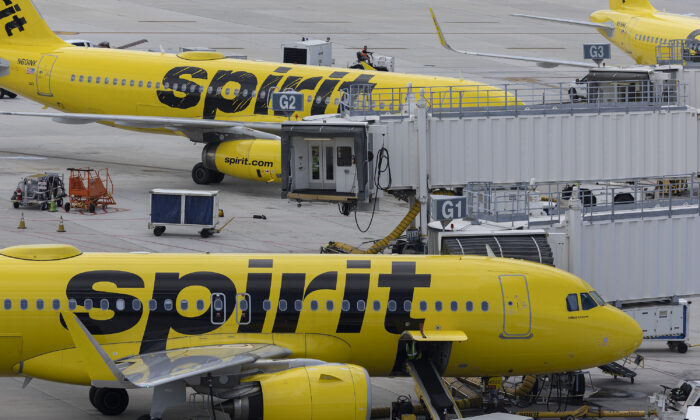 Spirit Airlines planes are prepared for flight at the Fort Lauderdale–Hollywood International Airport in Fort Lauderdale, Fla., on May 16, 2022. (Joe Raedle/Getty Images)
