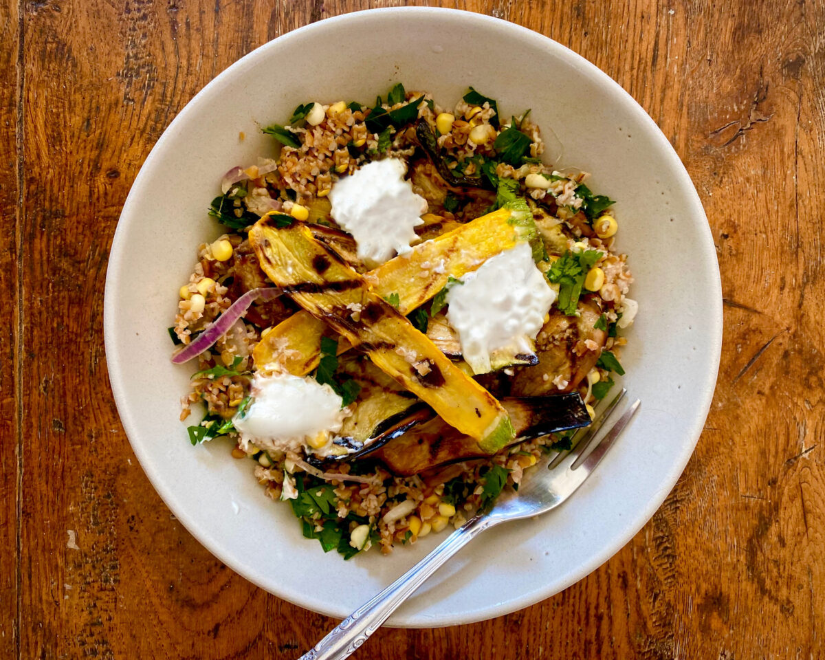 Hearty bulgur, fresh grilled vegetables, and creamy whipped feta join forces for a truly satisfying salad. (Lynda Balslev for Tastefood)