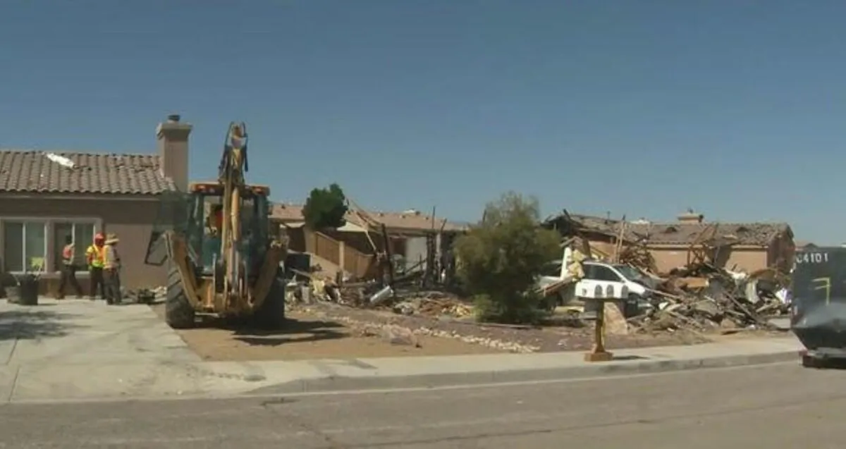 An explosion leveled at least one home and damaged several others early Wednesday, in Victorville, Calif., in this picture published on June 30, 2022. (KCAL/KCBS)