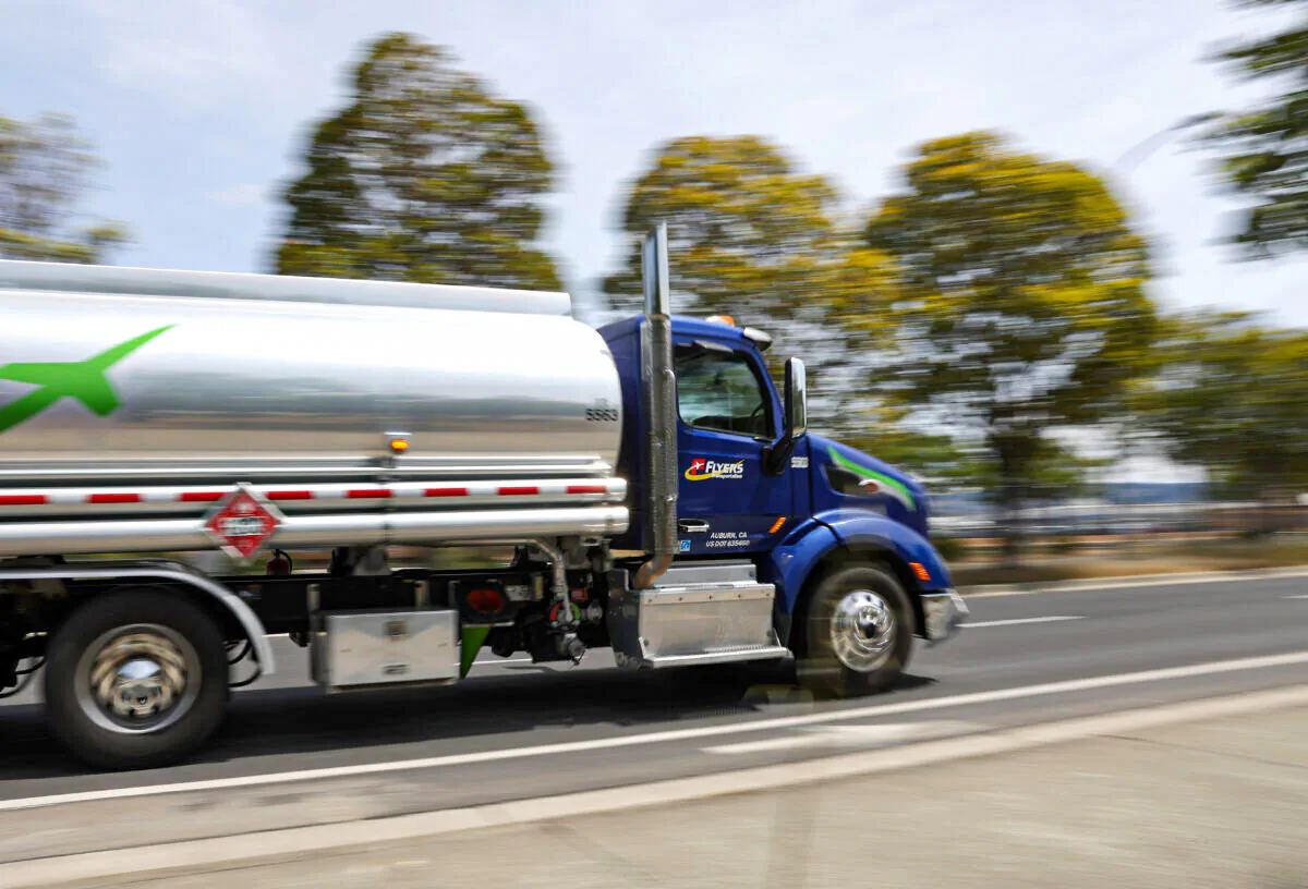 A gasoline truck drives along a road in Richmond, Calif., on May 2, 2022. (Justin Sullivan/Getty Images)