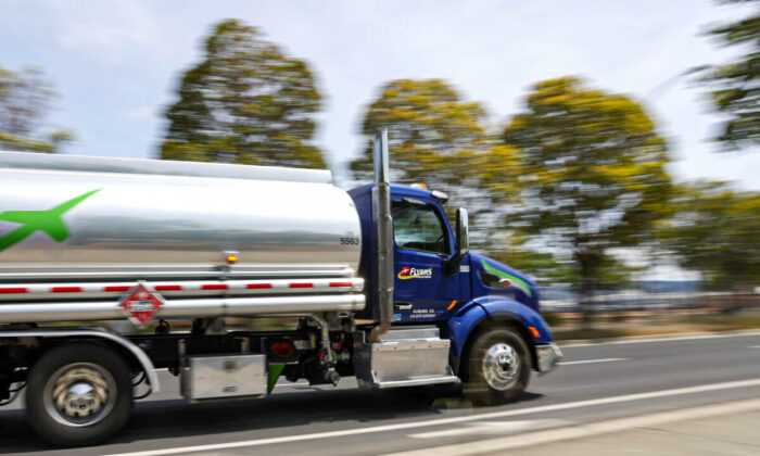 A gasoline truck drives along a road in Richmond, Calif., on May 2, 2022. (Justin Sullivan/Getty Images)
