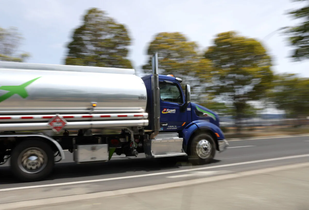 A gasoline truck drives along a road in Richmond, Calif., on May 2, 2022. (Justin Sullivan/Getty Images)