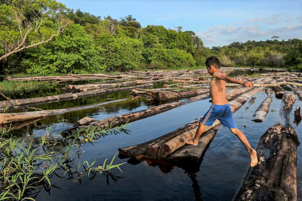 A boy jumps over logs seized by the Amazon Military Police at the Manacapuru River in Manacupuru, Amazonas State, Brazil, on July 16, 2020. (Ricardo Oliveira/AFP via Getty Images)