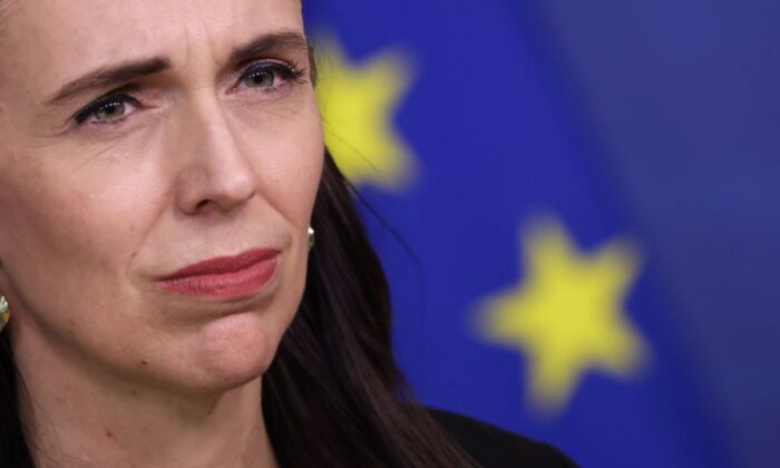 New Zealand Prime Minister Jacinda Ardern reacts as she gives a press conference with European Commission President after a meeting at EU headquarters in Brussels, on June 30, 2022. (Kenzo Tribouillard/AFP via Getty Images)