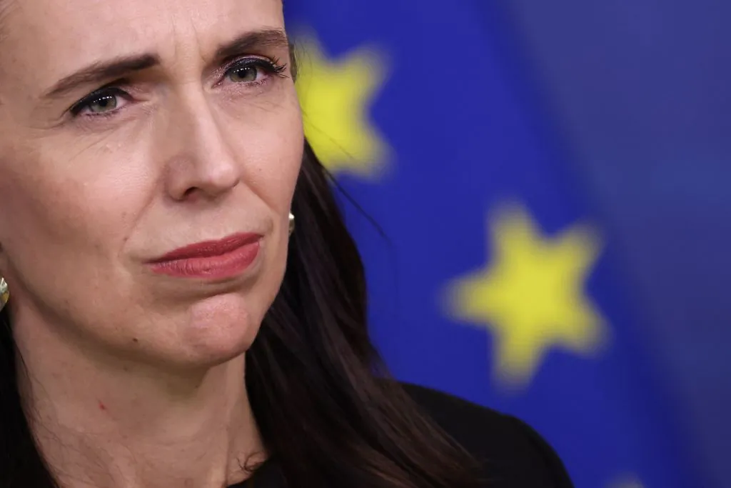 New Zealand Prime Minister Jacinda Ardern reacts as she gives a press conference with European Commission President after a meeting at EU headquarters in Brussels, on June 30, 2022. (Kenzo Tribouillard/AFP via Getty Images)