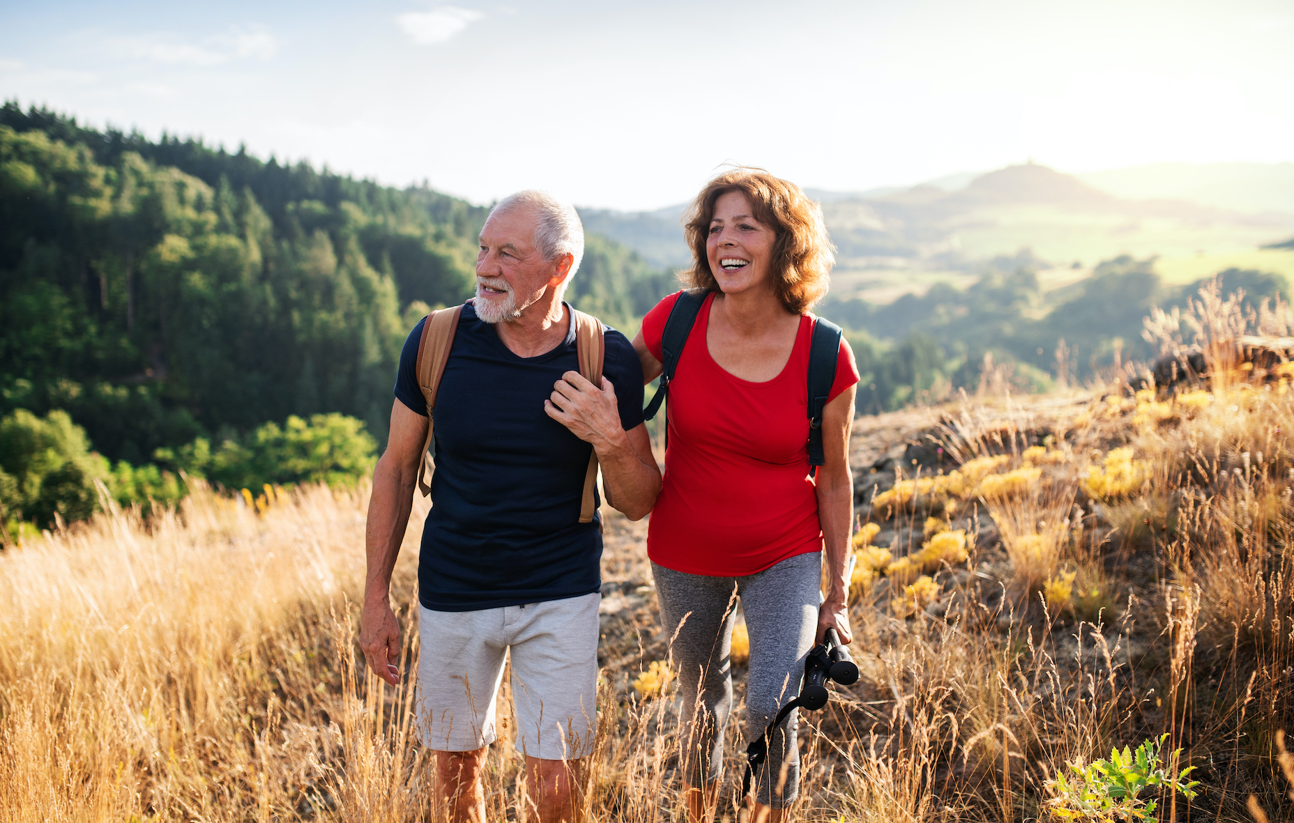 Senior,Tourist,Couple,Travellers,Hiking,In,Nature,,Walking,And,Talking.
