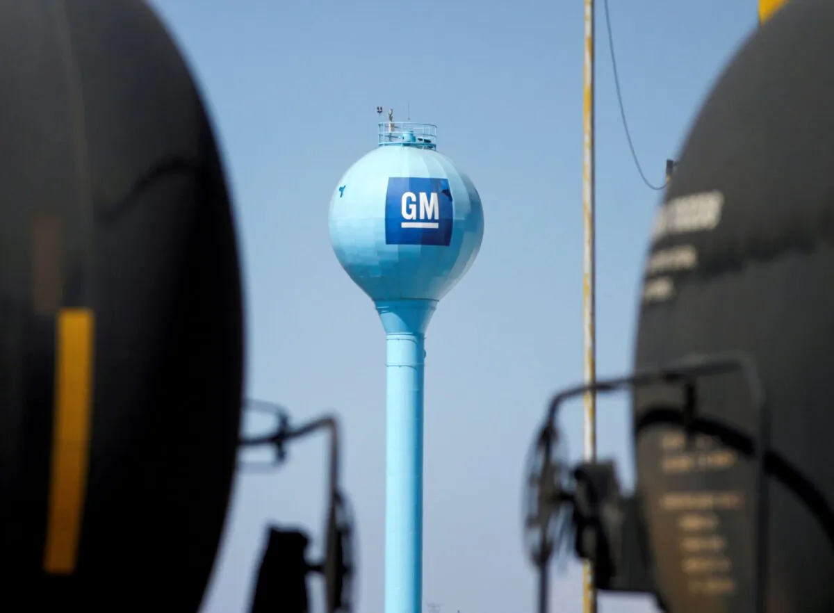 The GM logo is seen on a water tank of the General Motors assembly plant in Ramos Arizpe, in Coahuila state, Mexico, on Feb. 11, 2021. (Daniel Becerril/Reuters)