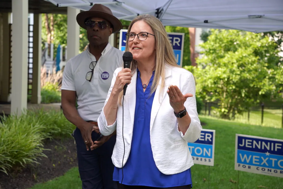 Congresswoman Jennifer Wexton (D-Va.) addresses supporters at her reelection campaign kickoff event in Ashburn, Va., on June 20, 2022. (Terri Wu/The Epoch Times)