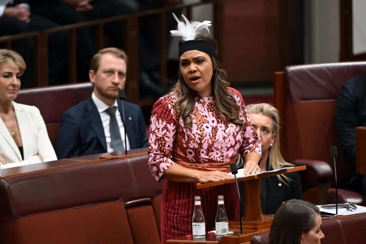 Country Liberal Party Senator Jacinta Price makes her maiden speech in the Senate chamber at Parliament House in Canberra, Australia on July 27, 2022. (AAP Image/Mick Tsikas) 