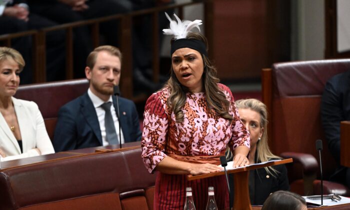 Country Liberal Party Senator Jacinta Price makes her maiden speech in the Senate chamber at Parliament House in Canberra, Australia on July 27, 2022. (AAP Image/Mick Tsikas) 