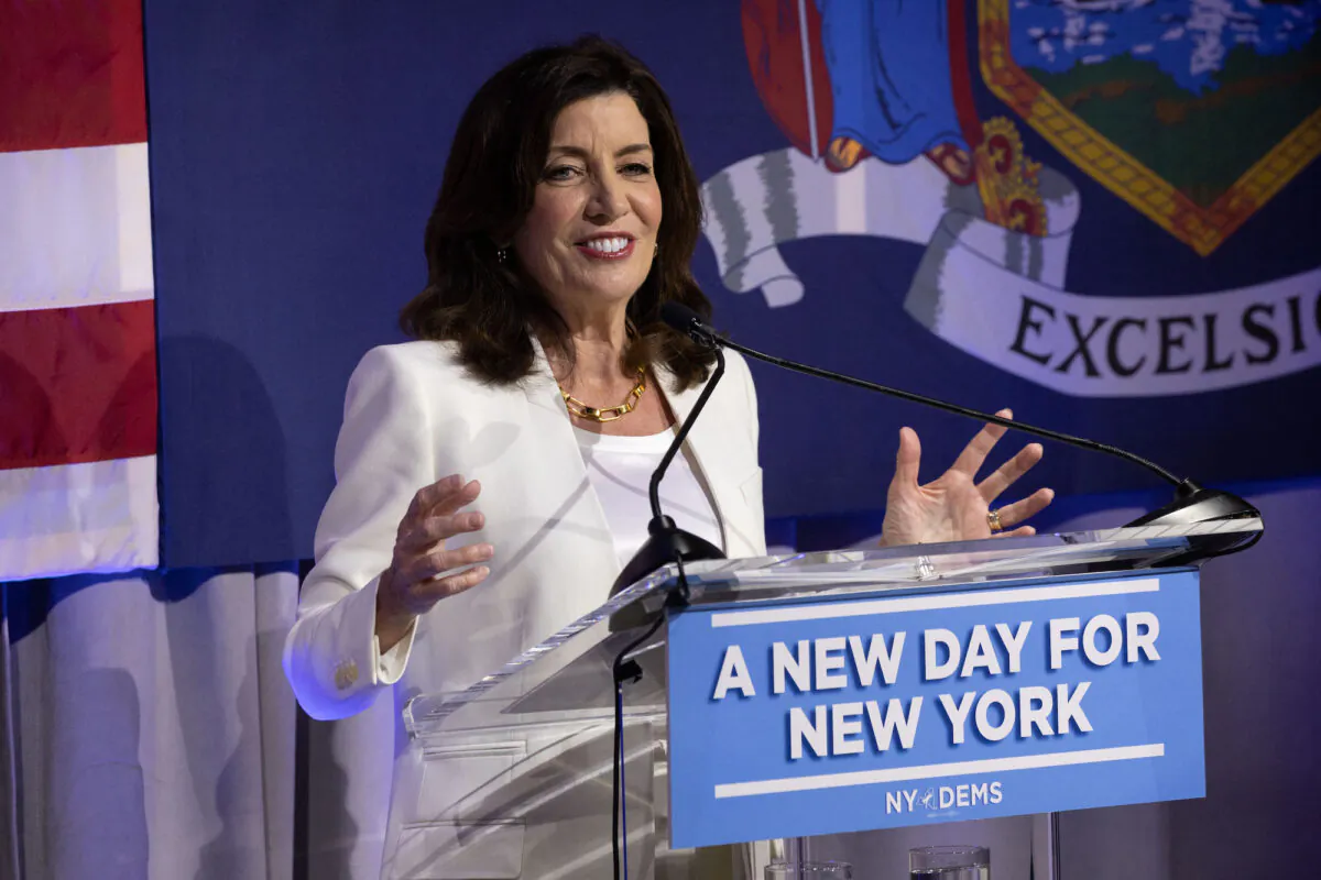 New York Governor Kathy Hochul speaks during the primary election night party for New York Governor in New York city, on June 28, 2022. (Yuki Iwamura/AFP via Getty Images)