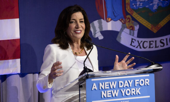 New York Governor Kathy Hochul speaks during the primary election night party for New York Governor in New York city, on June 28, 2022. (Yuki Iwamura/AFP via Getty Images)