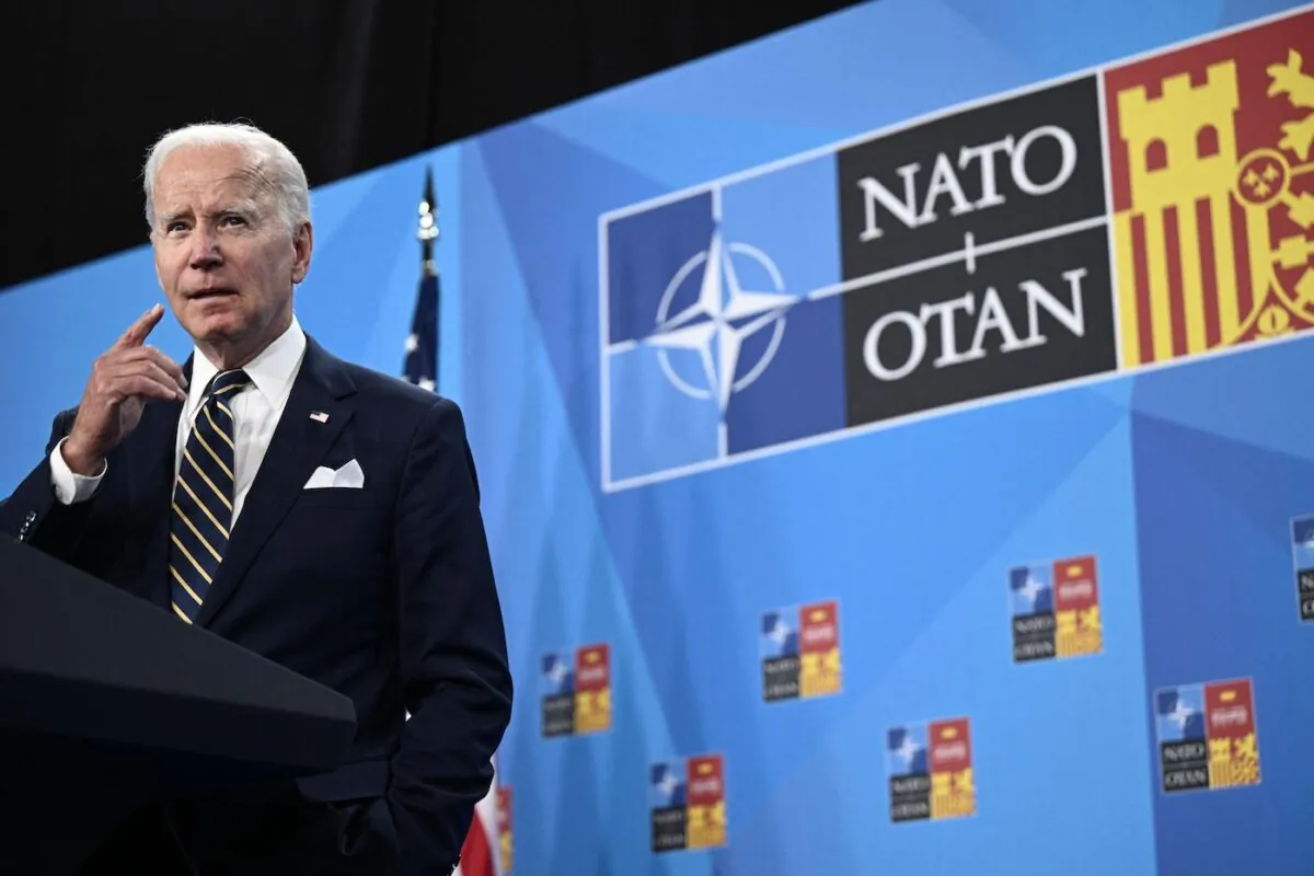 U.S. President Joe Biden gestures as he addresses media representatives during a press conference at the NATO summit in Madrid, on June 30, 2022. (Brendan Smialowski/AFP via Getty Images)