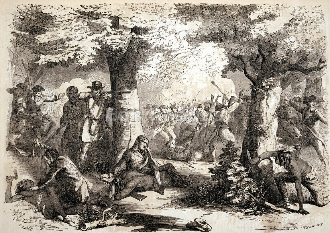 A scene during the battle at Oriskany, New York in August 1777, in a 1857 print, by John Reuben Chapin. American patriots fought the combined forces of the British, Loyalists, and Native Americans. The battle is described rather than depicted in the 1939 film “Drums along the Mohawk.” (Public Domain)
