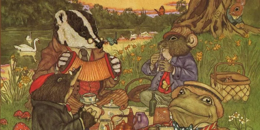 Four friends with very different personalities. Cover illustration for "The Wind in the Willows," Illustrated by Michael Hague. (Methuen Children's Books)