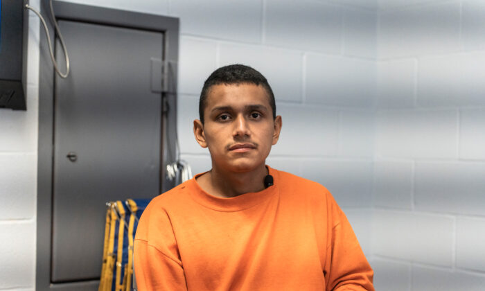 Martin Lazaro Bieya, an illegal immigrant from Mexico, sits in the Goliad County jail after being caught in Goliad, Texas, on June 23, 2022. (Charlotte Cuthbertson/The Epoch Times)