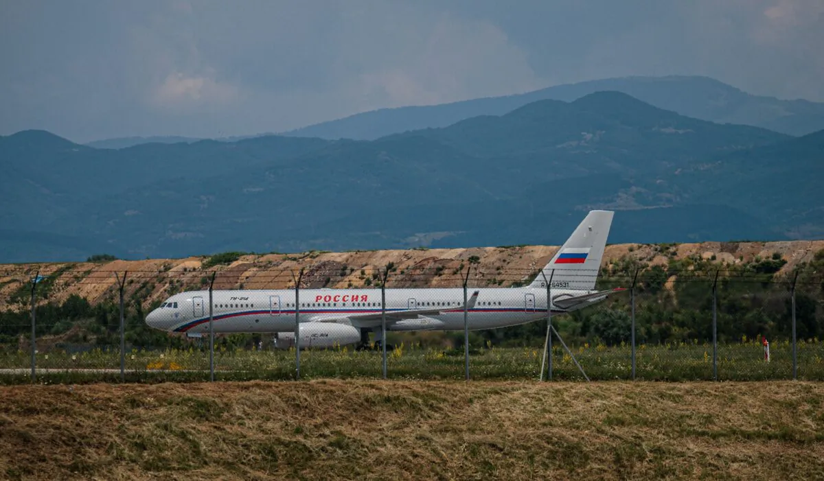 An airplane from the Rossiya Special Flight Squadron stands on the tarmac waiting to collect Russian diplomats and their families who were expelled from Bulgaria, at Sofia Airport, on July 3, 2022. (Dimitar Dilkoff/AFP via Getty Images)