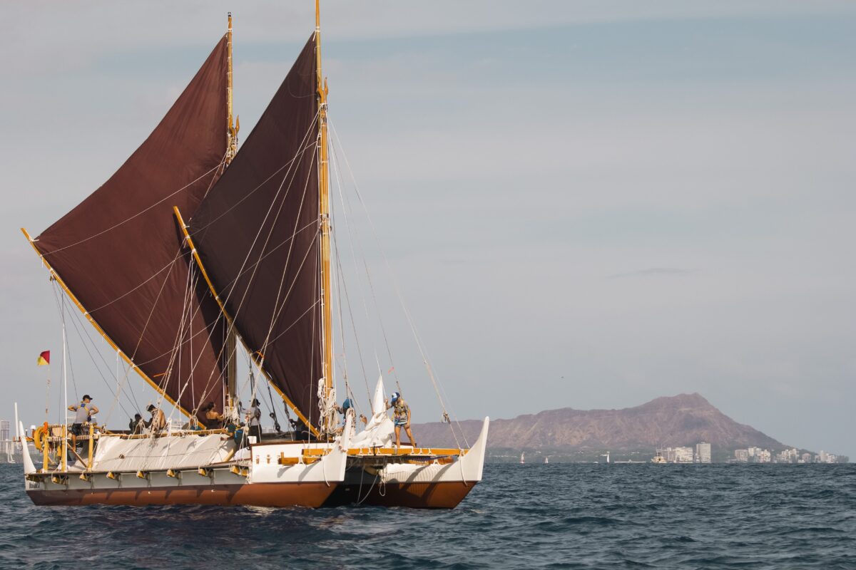 The twin-hull catamaran design of the Hokule‘a stabilizes it for journeys on the world’s biggest ocean. (Courtesy of Polynesian Voyaging Society)