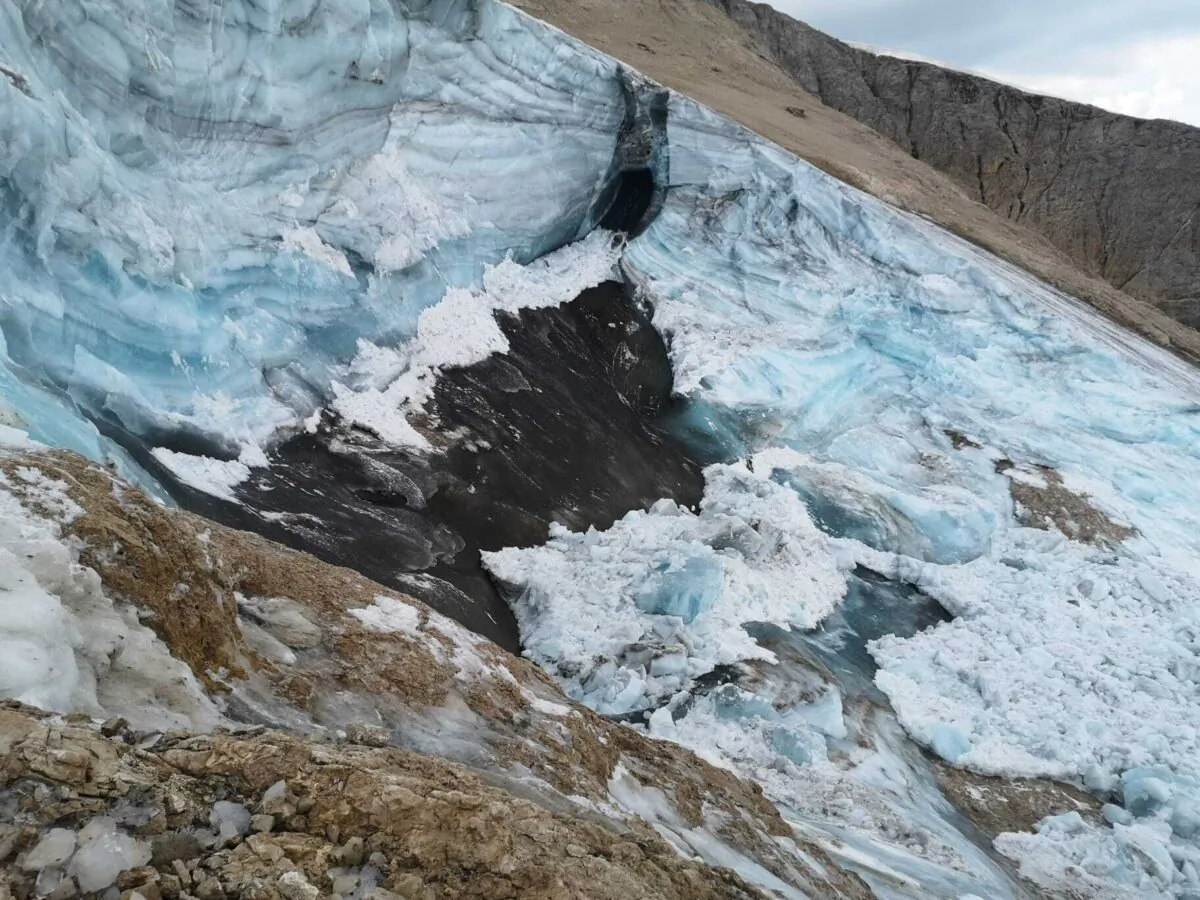 The glacier in the Marmolada range of Italy's Alps near Trento from which a large chunk has broken loose Sunday, is shown in an undated image made available on July 4, 2022. (Autonomous Province of Trento via AP)