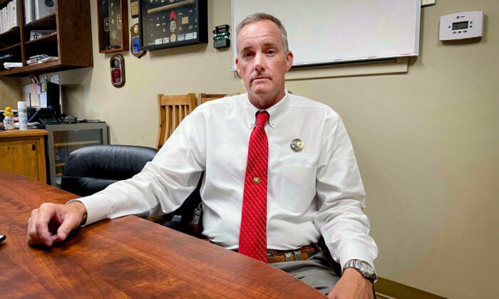 Goliad Sheriff Roy Boyd in his office in Goliad, Texas, on June 23, 2022. (Charlotte Cuthbertson/The Epoch Times)