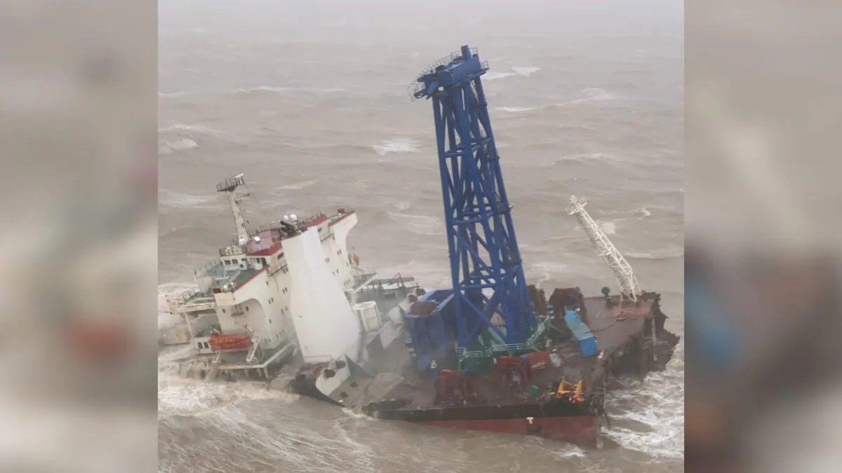 A vessel is sinking after it snapped in two as Typhoon Chaba passed through, in waters off Hong Kong on July 2, 2022. (Hong Kong Government Flying Service/Handout via Reuters)