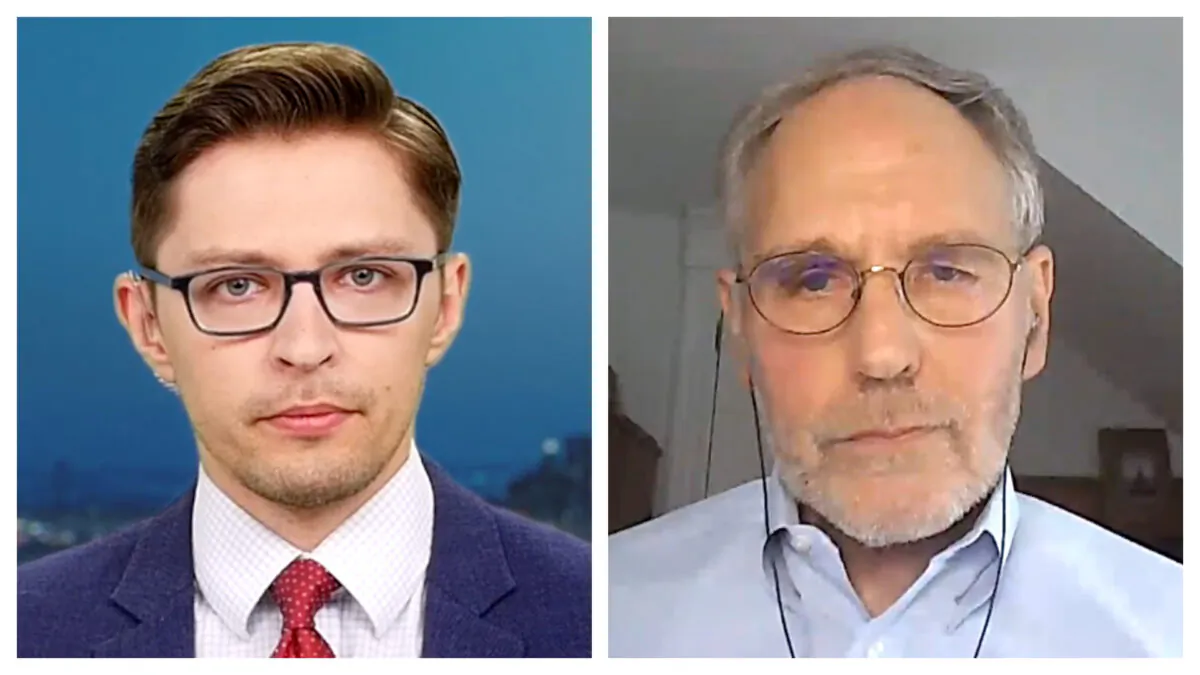 Roman Balmakov (L) and Dr. John Abramson (R) in an interview on EpochTV's "Facts Matter" program aired on June 24, 2022.