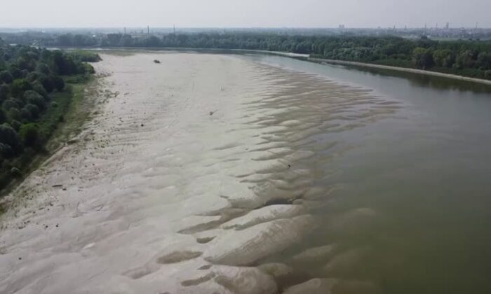 A still from video drone footage showing a dried-up Po River, in Italy in June 2022. (Reuters)