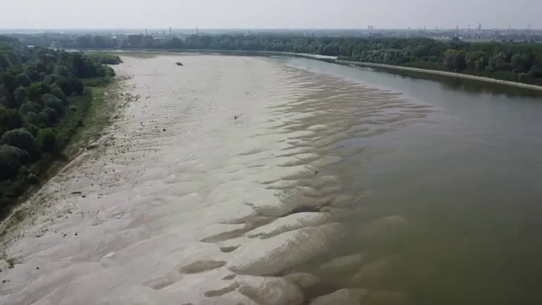 A still from video drone footage showing a dried-up Po River, in Italy in June 2022. (Reuters)