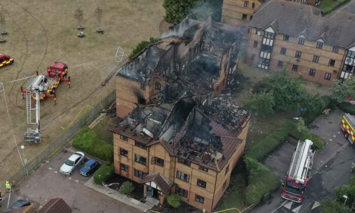 The scene of an explosion and fire in Redwood Grove, Bedford, England, on July 4, 2022. (Bedfordshire Fire and Rescue Service)