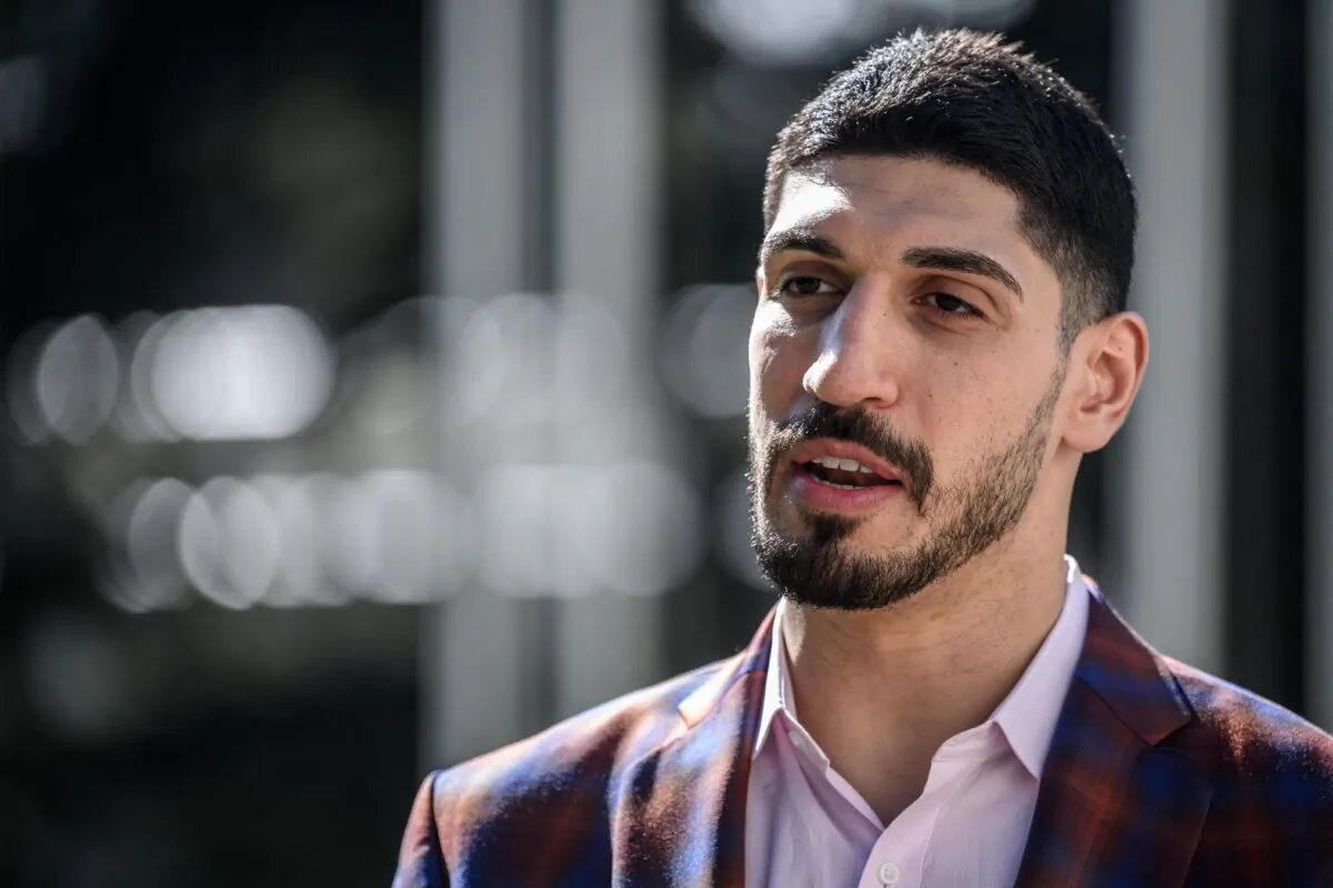 American basketball player Enes Kanter Freedom speaks during an interview with AFP at the United Nations Office in Geneva on April 5, 2022. (Fabrice Coffrini/AFP via Getty Images)