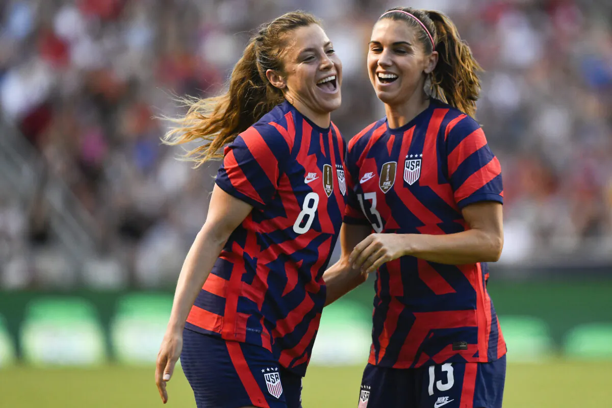 Sofia Huerta #8 and Alex Morgan #13 of the United States celebrate a goal during a game against Columbia at Rio Tinto Stadium, in Sandy, Utah, on June 28, 2022. (Alex Goodlett/Getty Images)