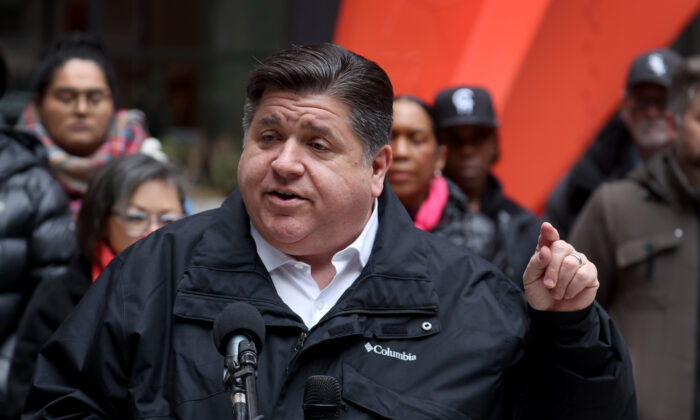 Illinois Gov. J.B. Pritzker speaks during a transgender support rally at Federal Building Plaza in Chicago, Ill., on April 27, 2022. (Scott Olson/Getty Images)
