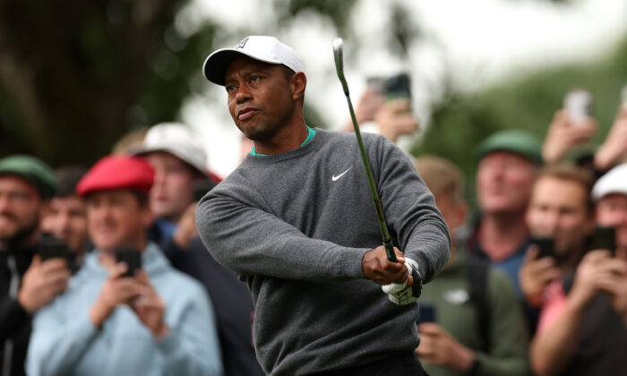 Tiger Woods of United States plays his tee shot at the 3rd hole during Day Two of the JP McManus Pro-Am at Adare Manor in Limerick, Ireland, on July 5, 2022. (Oisin Keniry/Getty Images)