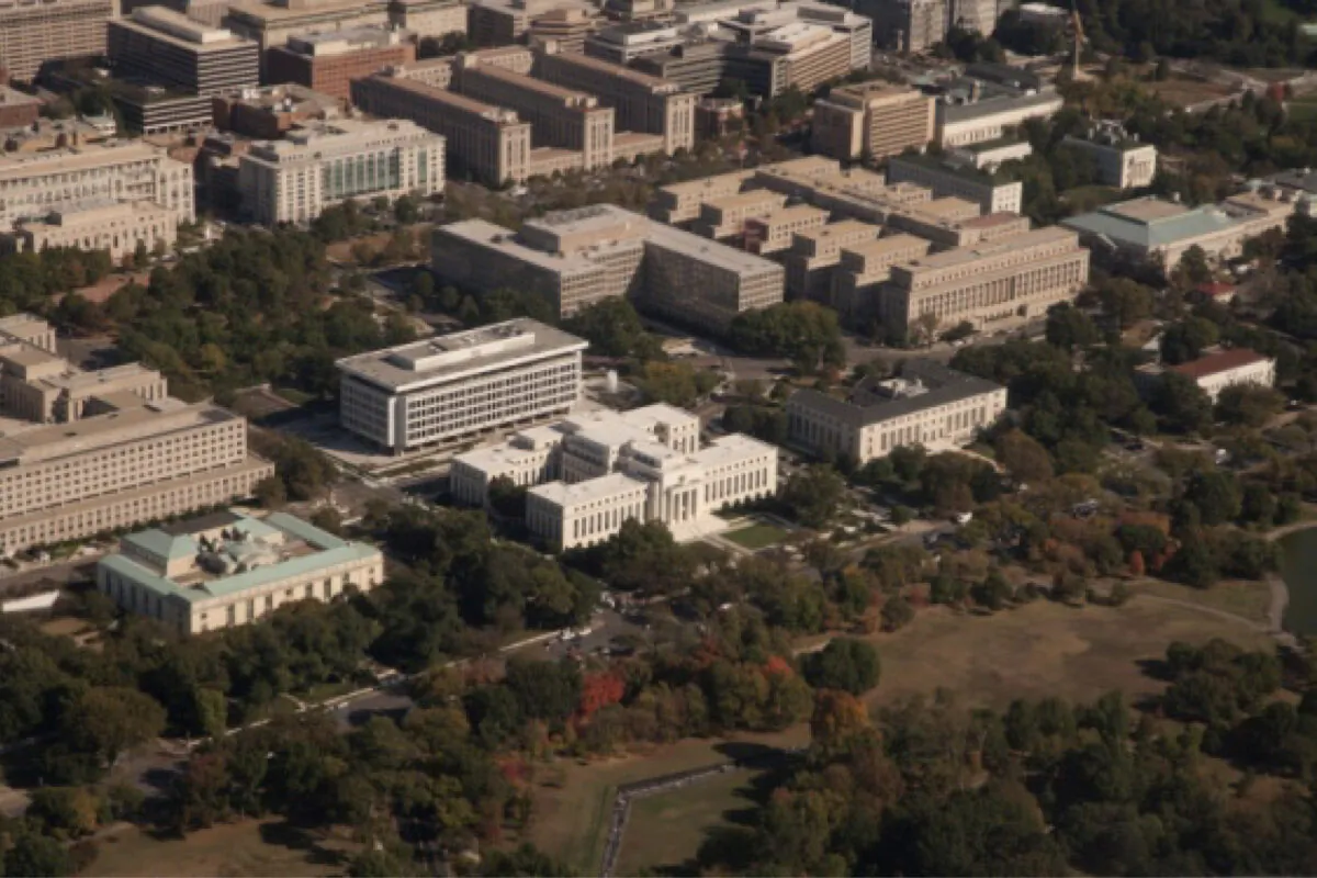 William McChesney Martin Jr. and Marriner S. Eccles buildings from above. (Photographs of the Federal Reserve Board)