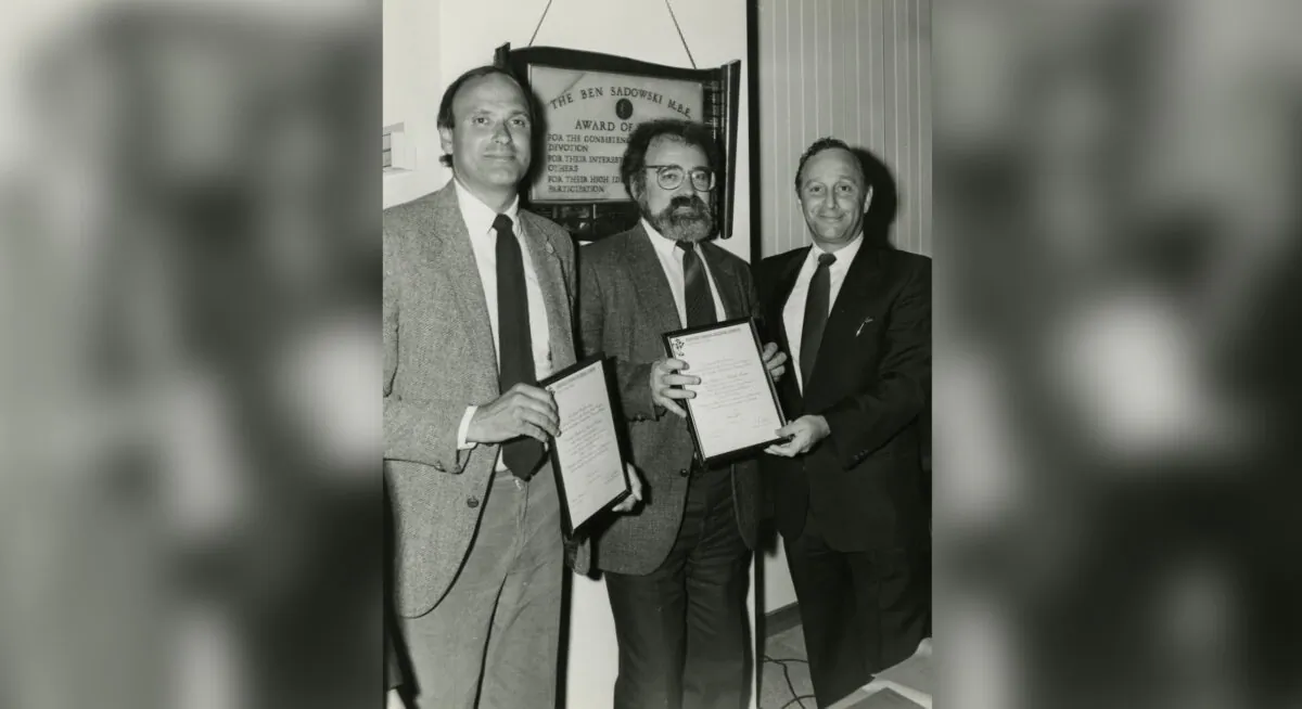 Irving Abella, centre, and Harold Troper accept the Toronto Jewish Cultural Council Writer's Award for None is Too Many, with Meyer Feldman, right, in this May 27, 1985 handout photo. (The Canadian Press/HO - Courtesy of the Ontario Jewish Archives)