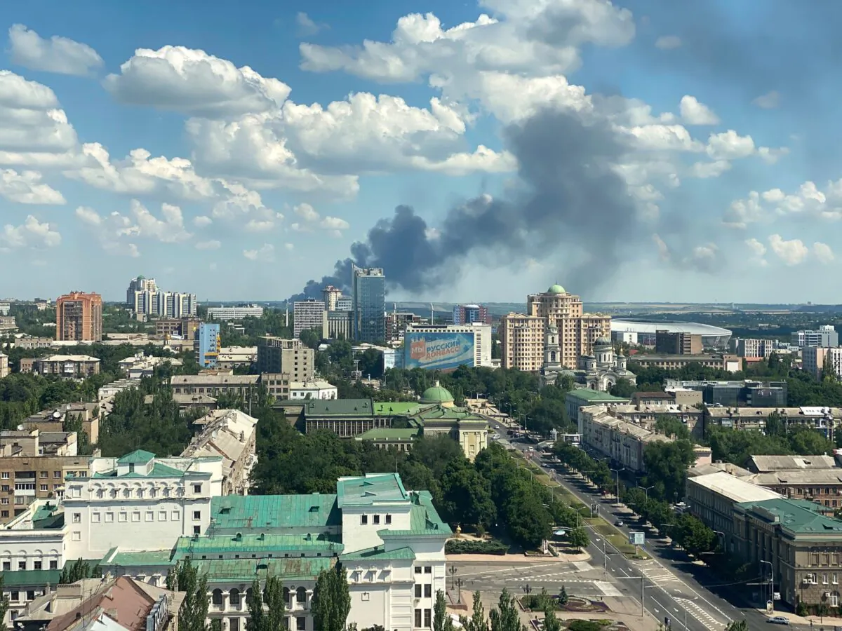 Smoke rises after shelling during Ukraine-Russia conflict in Donetsk, Ukraine, on July 4, 2022. (Kazbek Basayev/Reuters)