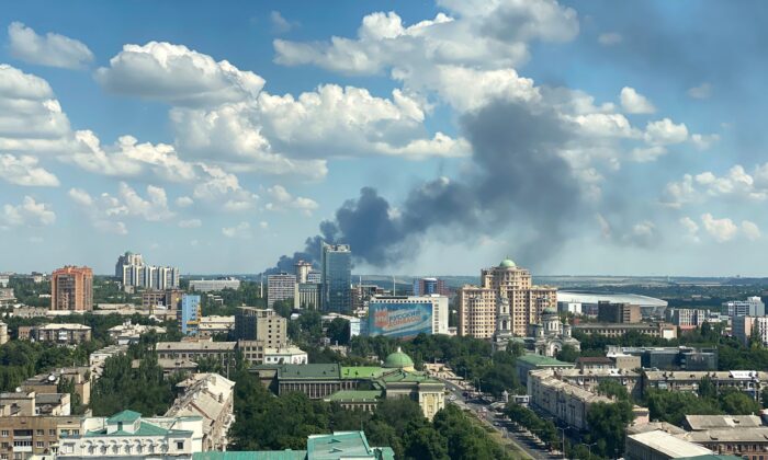 Smoke rises after shelling during Ukraine-Russia conflict in Donetsk, Ukraine, on July 4, 2022. (Kazbek Basayev/Reuters)