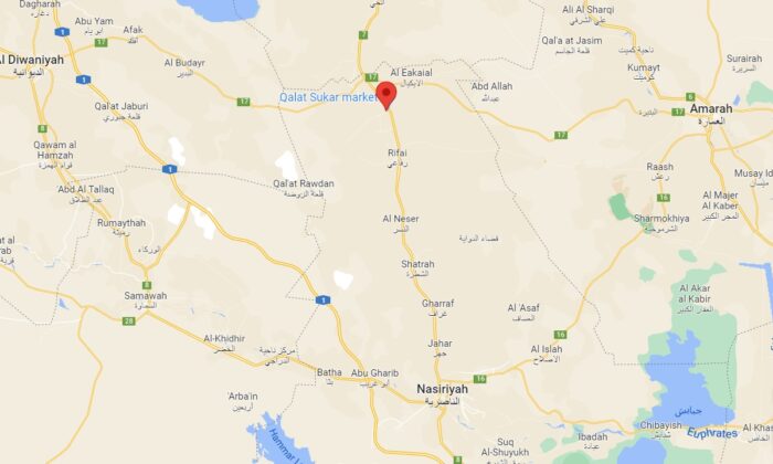 A map shows the location of the district of Qal'at Sukkar north of the southern city of Nasiriyah, Iraq on June 5, 2022. (Google Maps)